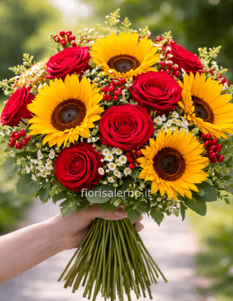 Girasoli e rose rosse