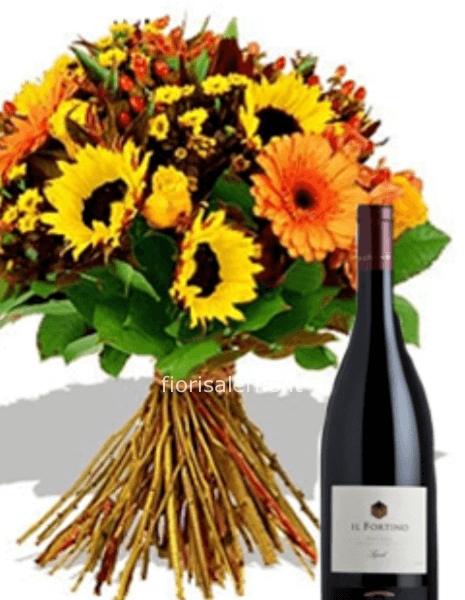 Fascio misto con girasoli e vino